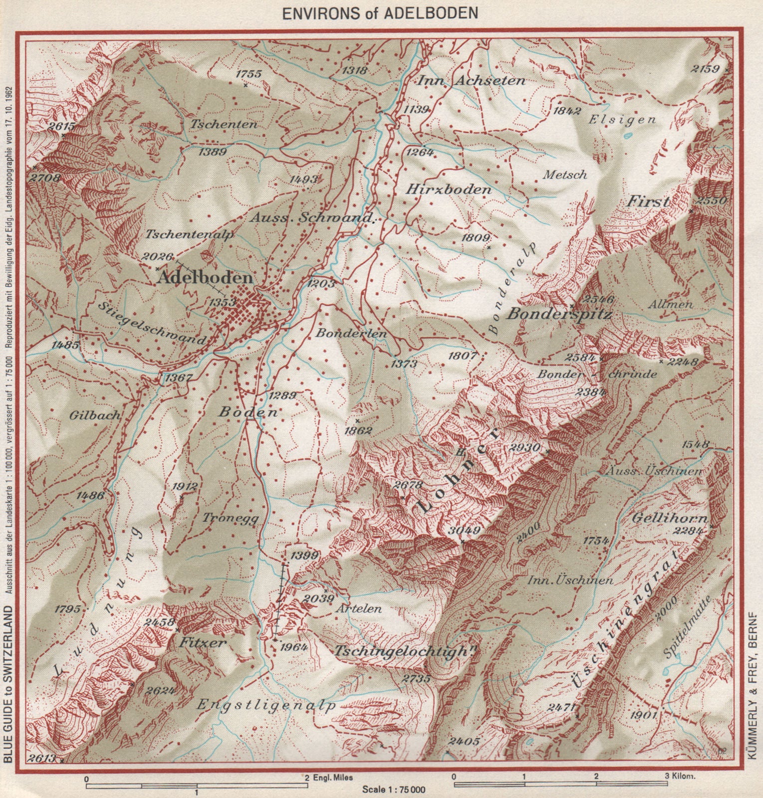 ADELBODEN ENVIRONS. Hirzboden. Vintage map plan. Switzerland 1963 old